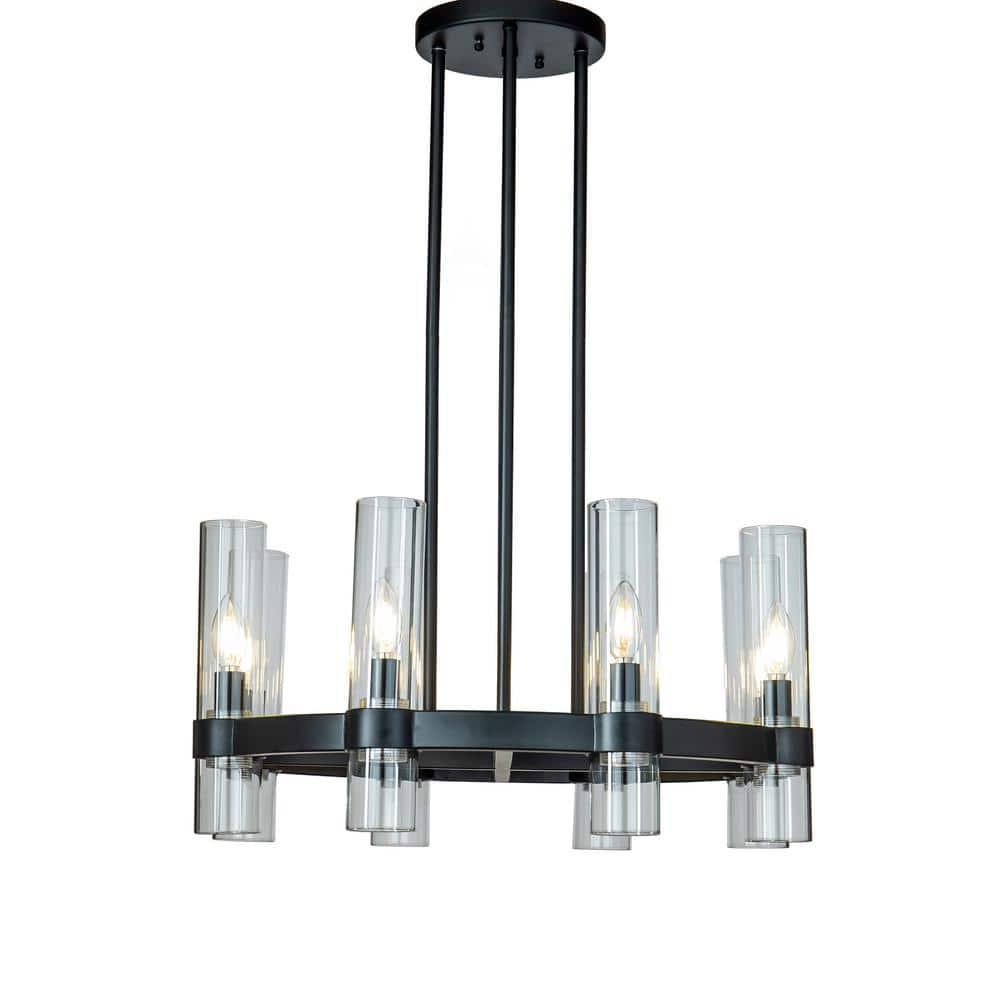 AloaDecor 8-Lights Modern Cylinder 25"  Wagon Wheel Matte Black Chandelier With Glass Accents - W:25.6"