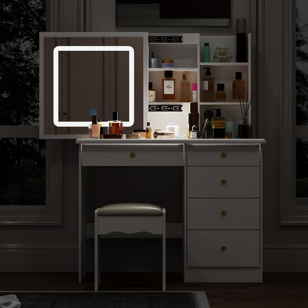 FUFU&GAGA White Makeup Vanity Table With Mirror Storage Drawer Dresser Table