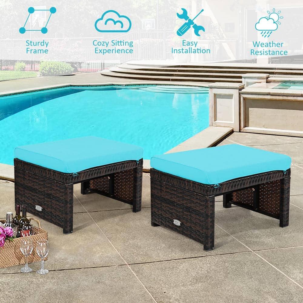 Tangkula 2 PCS Outdoor Wicker Ottoman Patio Rattan Furniture Metal Footrest Seat Square Footstool with Cushion Turquoise