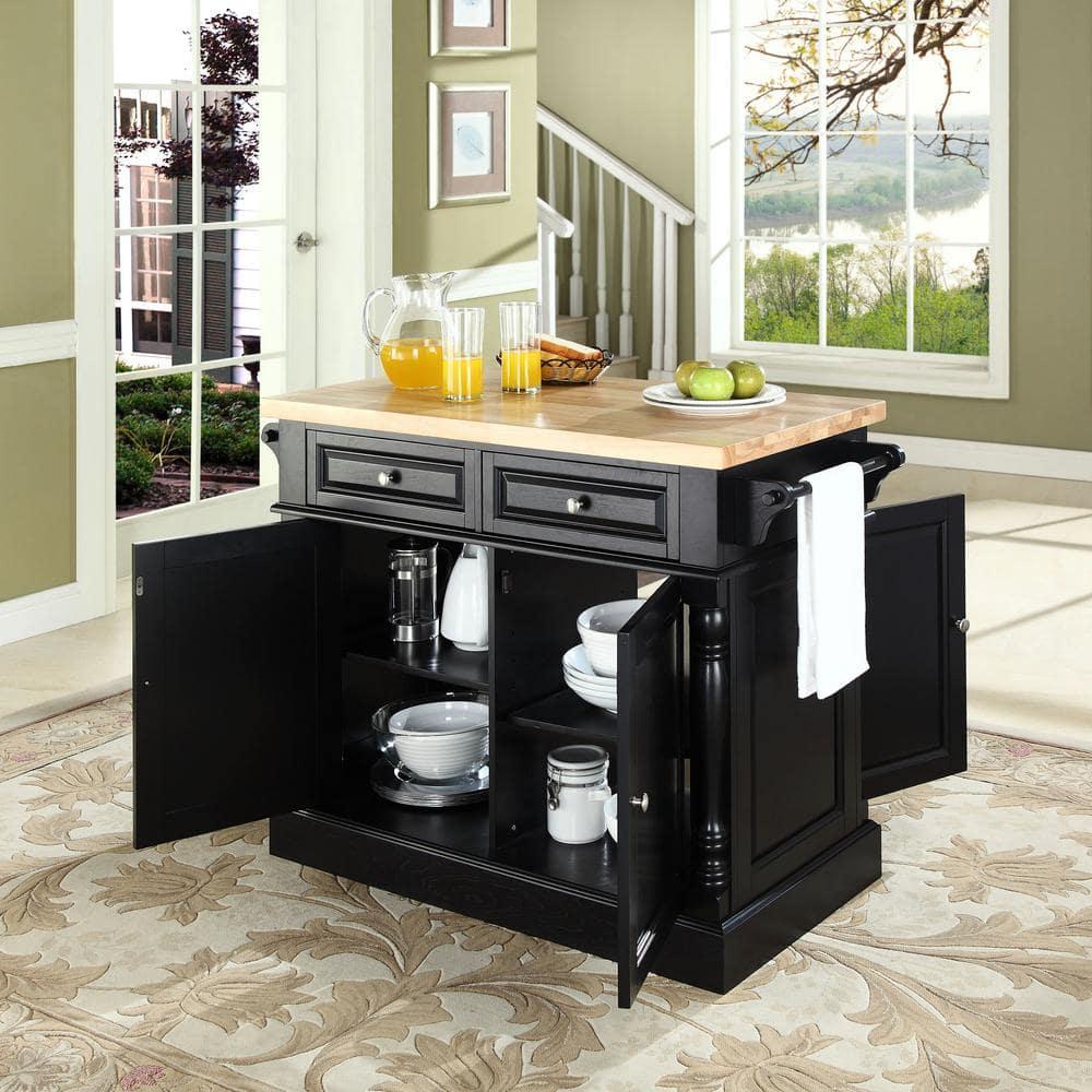 Oxford Butcher Block Kitchen Island Black - Crosley: Rolling Cart with Storage, Adjustable Shelves, Towel Bar