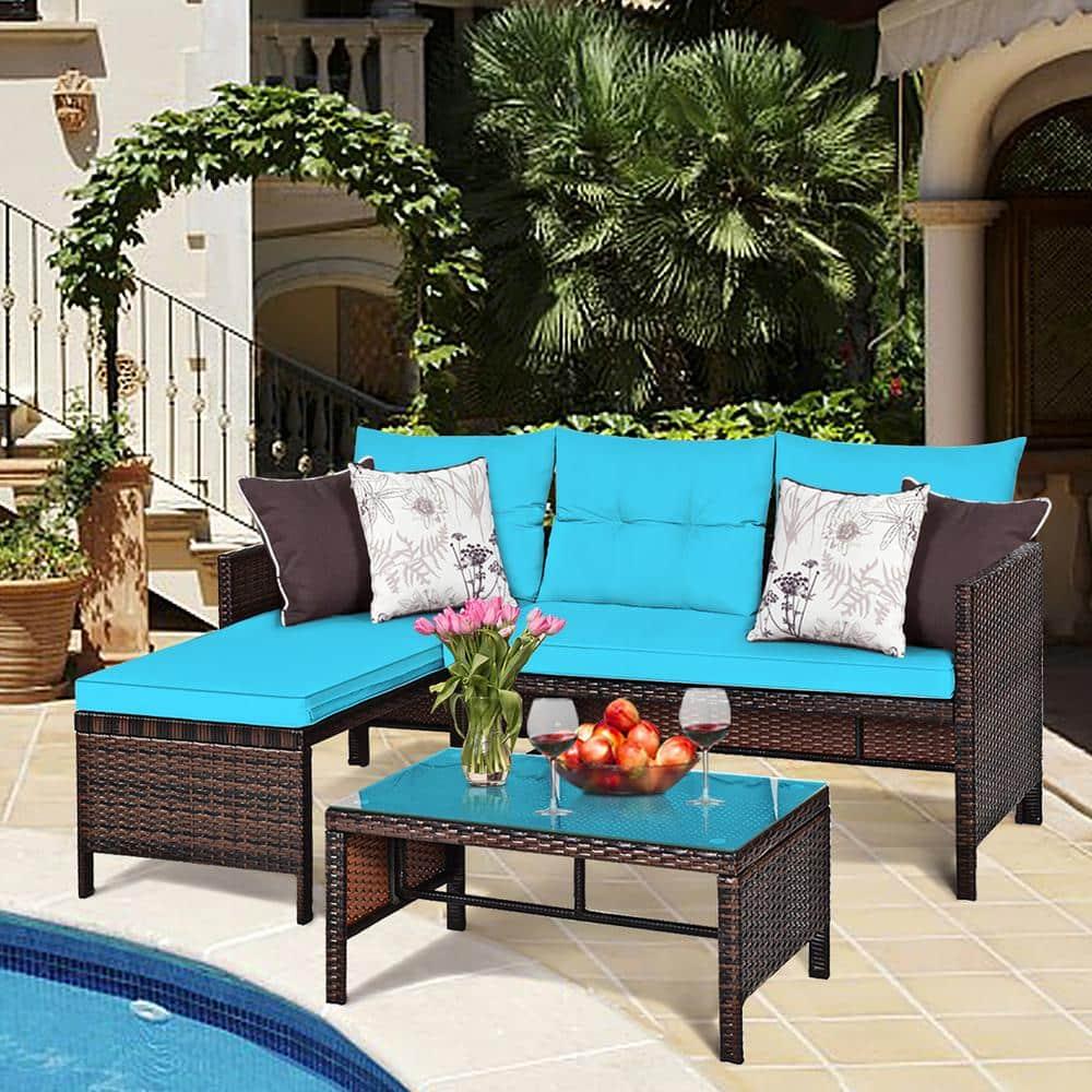 Costway 3PCS Patio Wicker Rattan Sofa Set Outdoor Sectional Conversation Set Turquoise