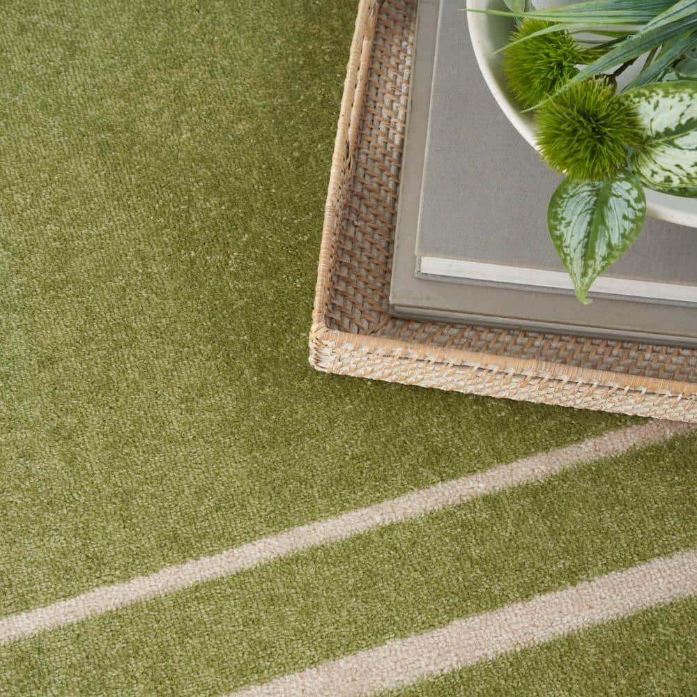 Nourison Essentials Solid Bordered Low Pile Indoor Outdoor Area Rug 5' x 7' Green Ivory
