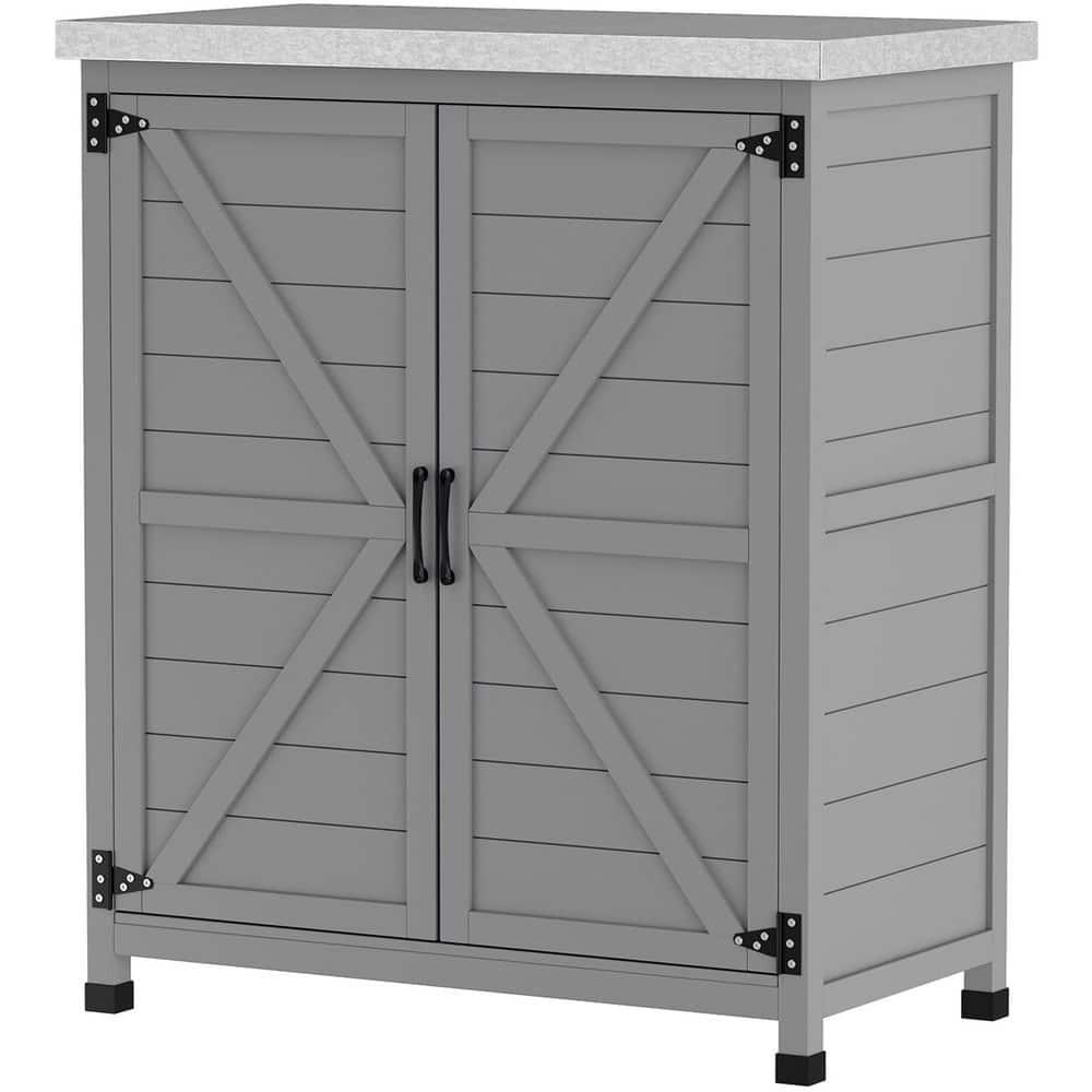 Outsunny Wooden Storage Cabinet, Outdoor Prep Station with Metal Tabletop and Shelf, Patio Storage Cabinet with Double Doors, Gray