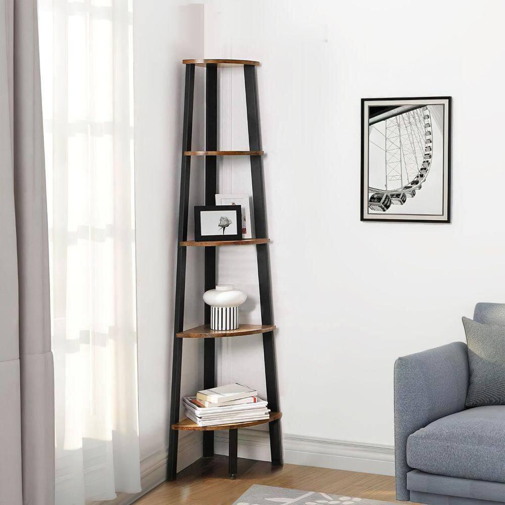63 Inch Corner Bookcase 5 Tier Shelves, Ladder Storage, Rustic Brown, Black - Saltoro Sherpi