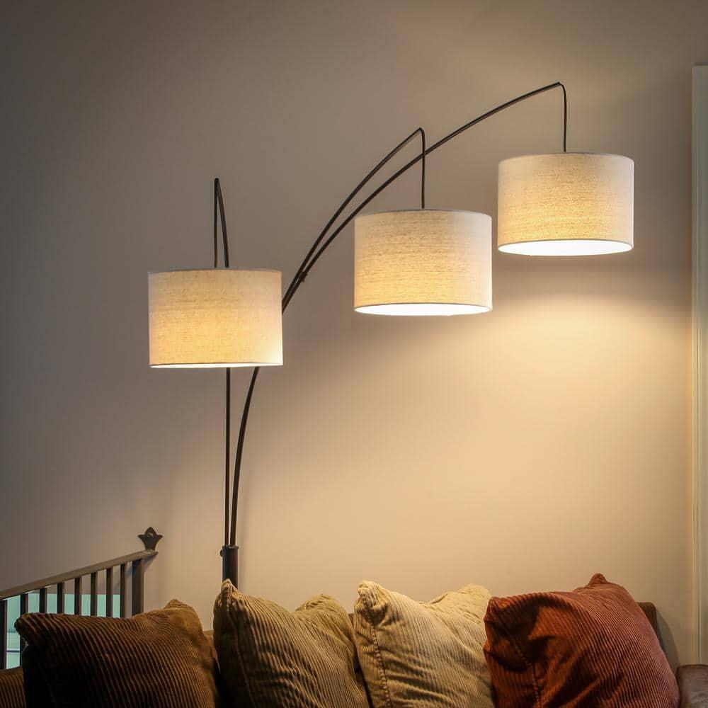 Trilage 84 in. Mid-Century Modern 3-Light Adjustable LED Floor Lamp with 3 Fabric Drum Shades