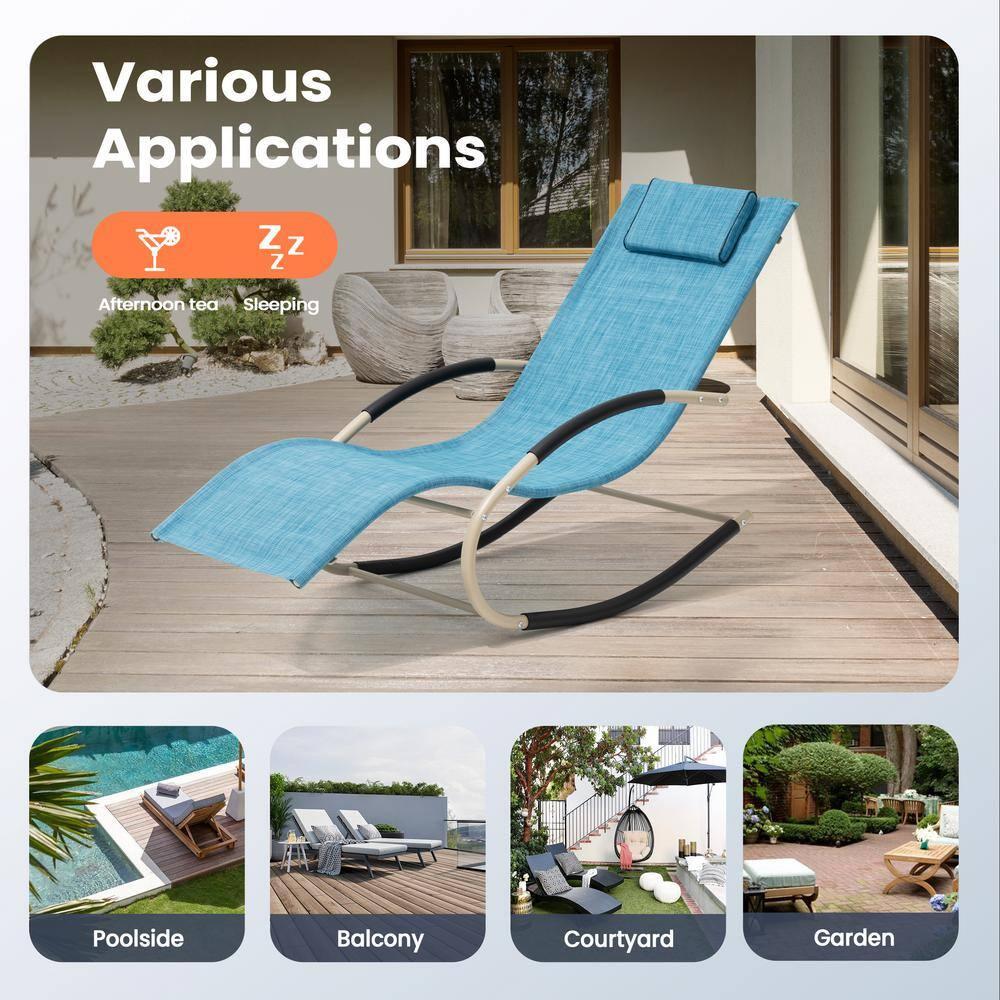 Metal Patio Outdoor Rocking Chair in Blue with Headrest (1-Piece)