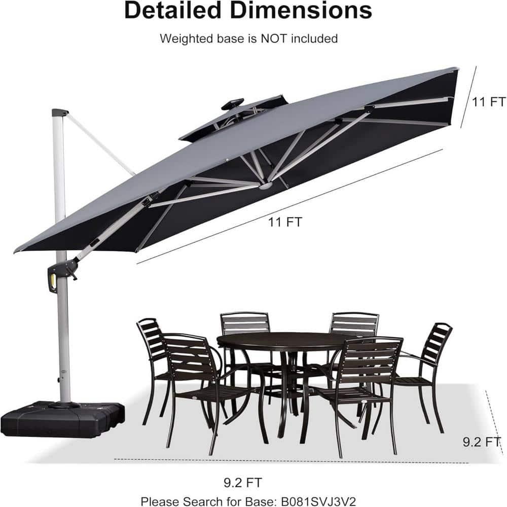 PURPLE LEAF 11FT Square Double Top Deluxe Solar Powered LED Patio Umbrella Outdoor Cantilever Umbrella, Gray