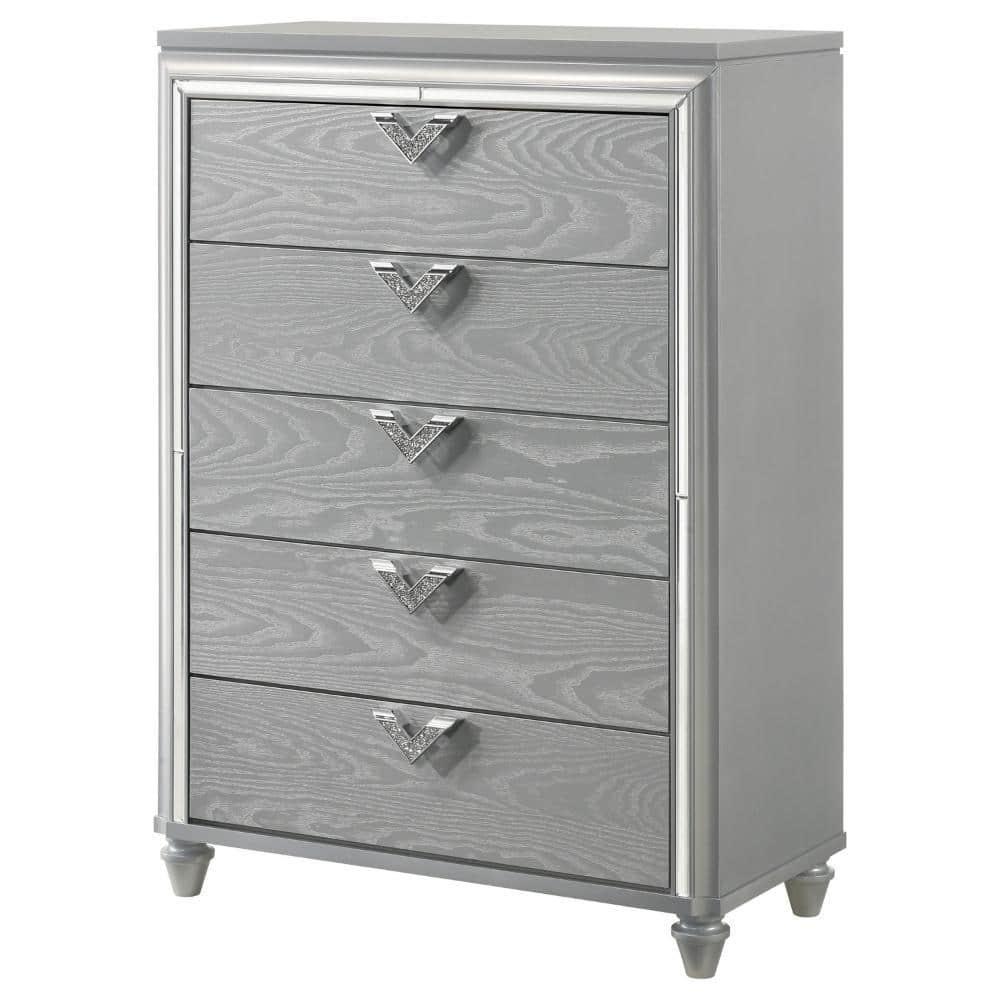 Benjara Haley Tall Dresser Chest, V Shaped Glittering Metal Handles, Light Silver