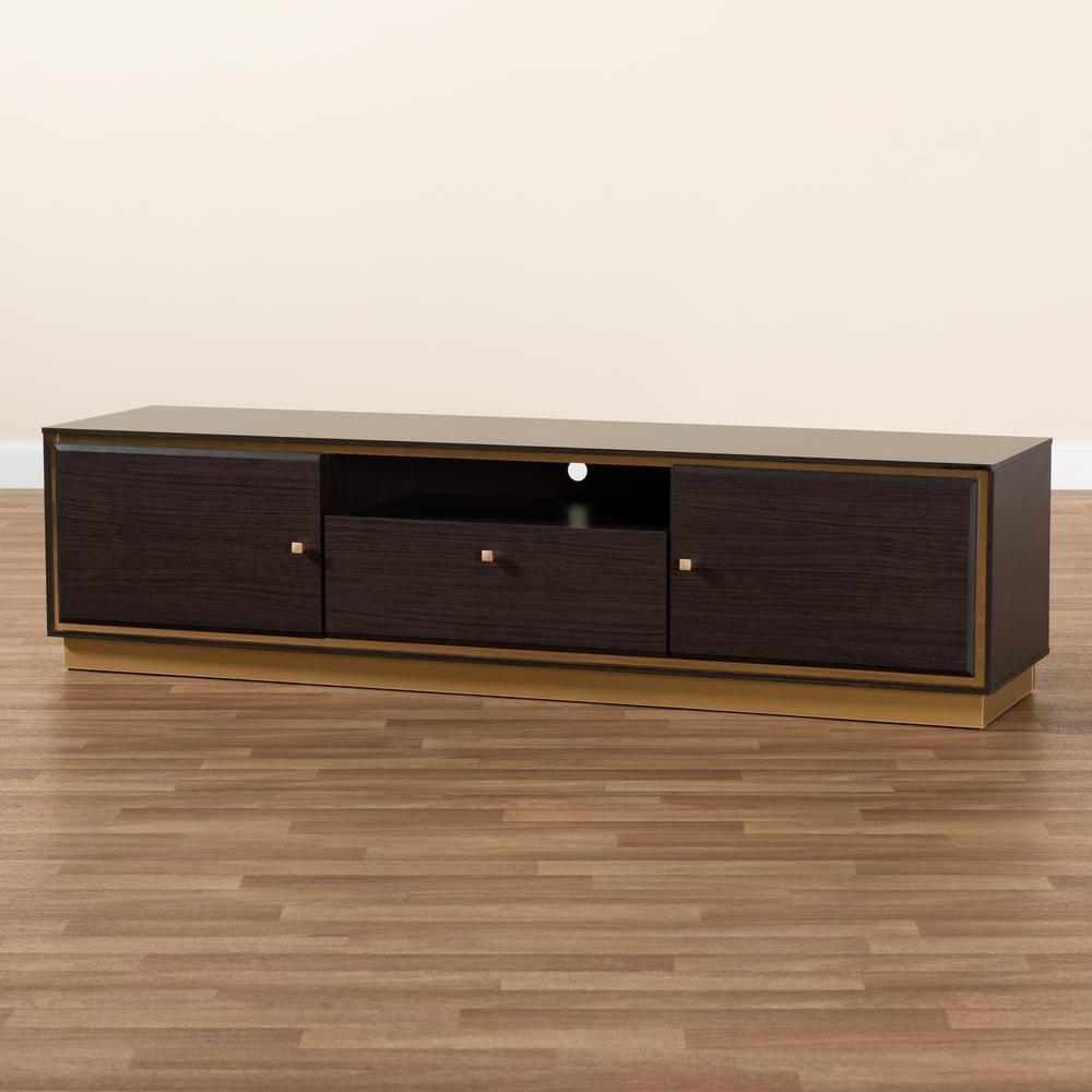 Cormac Wood and Metal 2 Door TV Stand for TVs up to 60" Dark Brown - Baxton Studio: Media Console with Cable Management