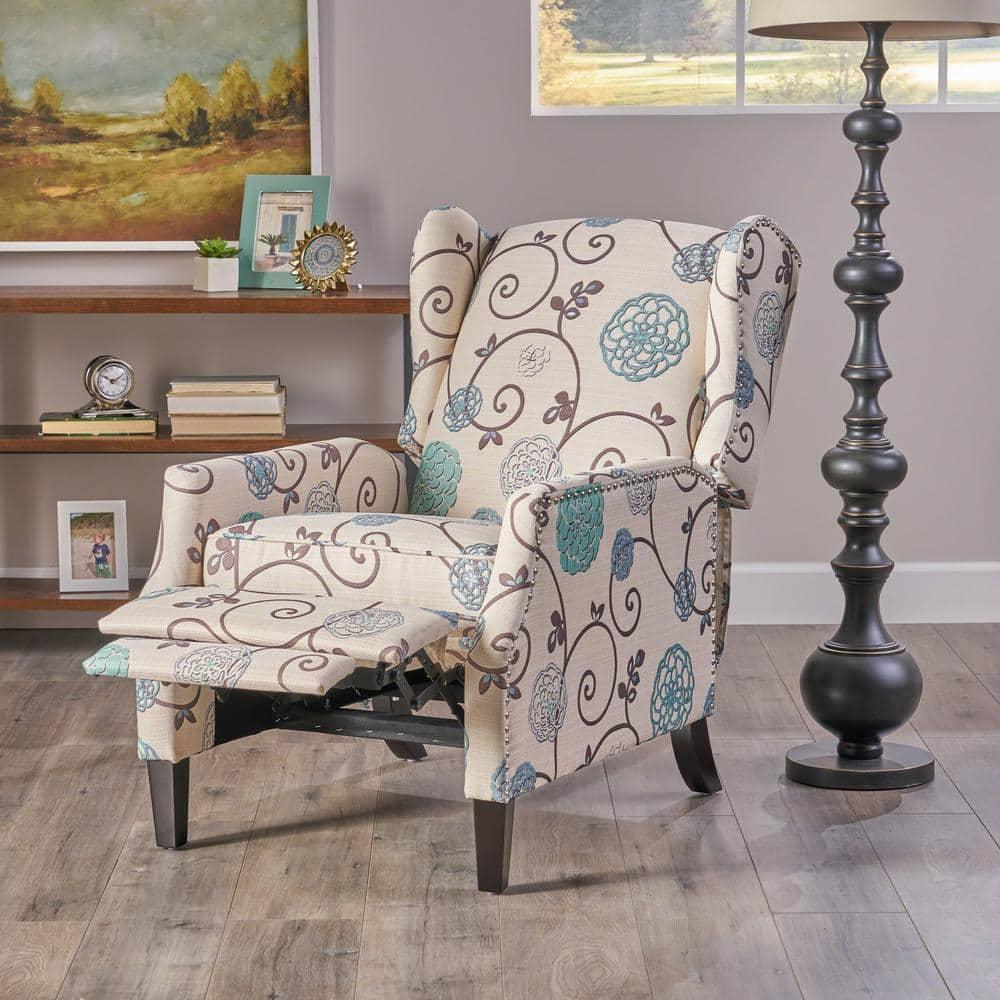 Noble House Allan Standard Fabric Wingback Pushback Recliner, Light Beige