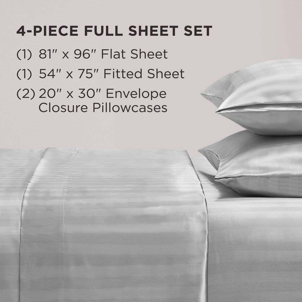 Juicy Couture Silky Satin Damask Sheet Set - Luxury Grey Bedding - Smooth Satin Striped Sheets - Full Size