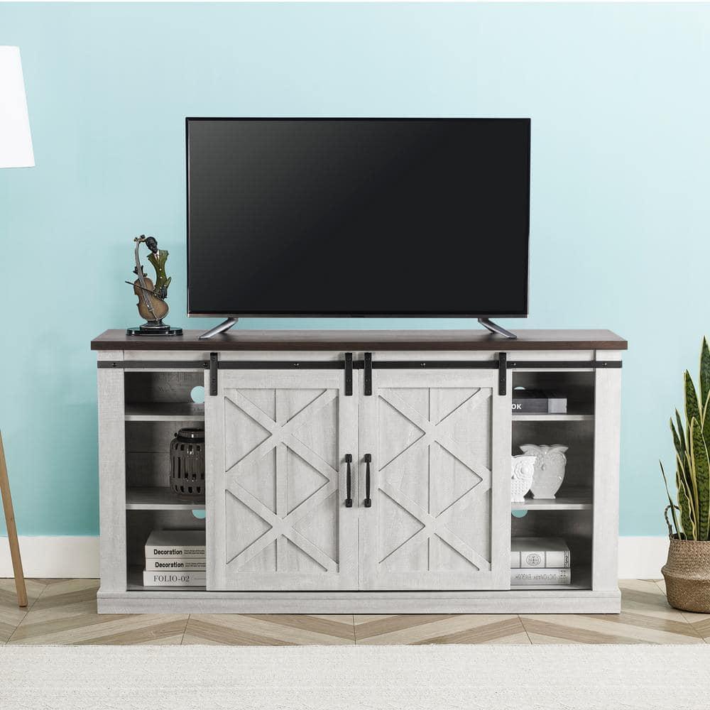 58" TV Stand for TVs up to 65" Saw Cut Off White - Home Essentials: Sliding Barn-Door, Adjustable Shelves