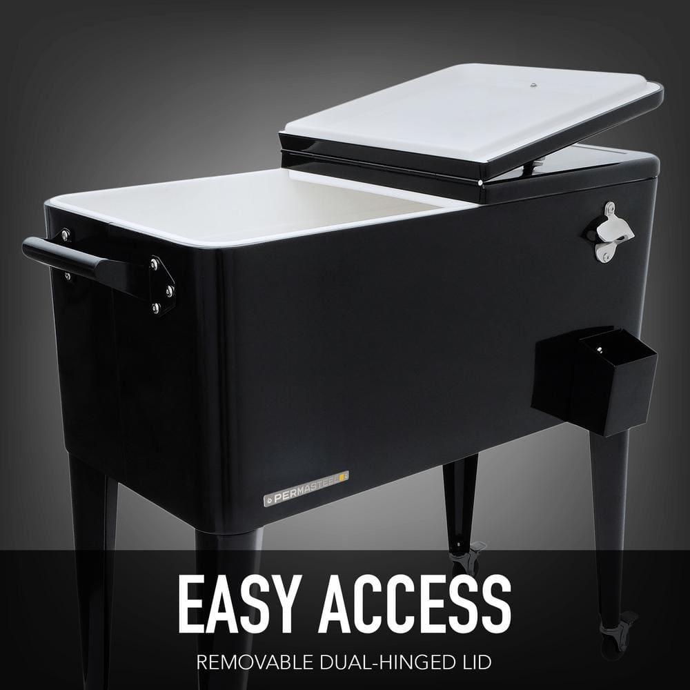 80qt Portable Rolling Patio Cooler - Black - Permasteel: Outdoor Cooler Cart with Stay Up Lid & Bottle Opener