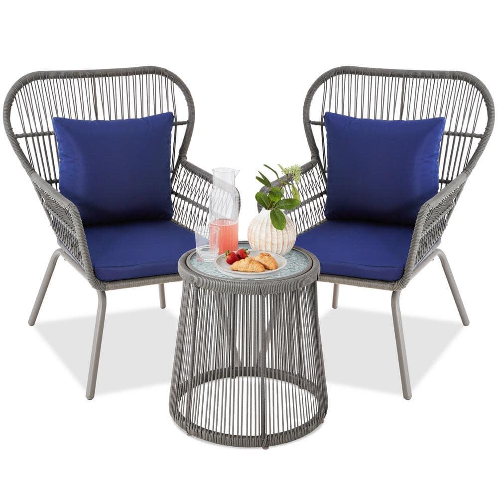 Best Choice Products 3-Piece Patio Conversation Bistro Set, Outdoor Wicker w/ 2 Chairs, Cushions, Side Table - Gray/Navy