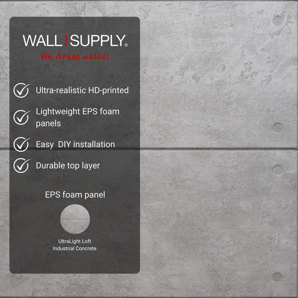 Wall!Supply Wall!supply Ultralight Industrial Concrete Hd Printed – 3d Eps Foam Wall Panels – Easy Diy Installation – Concrete Look – Set Of 4 Panels (25.83 Sq Ft)