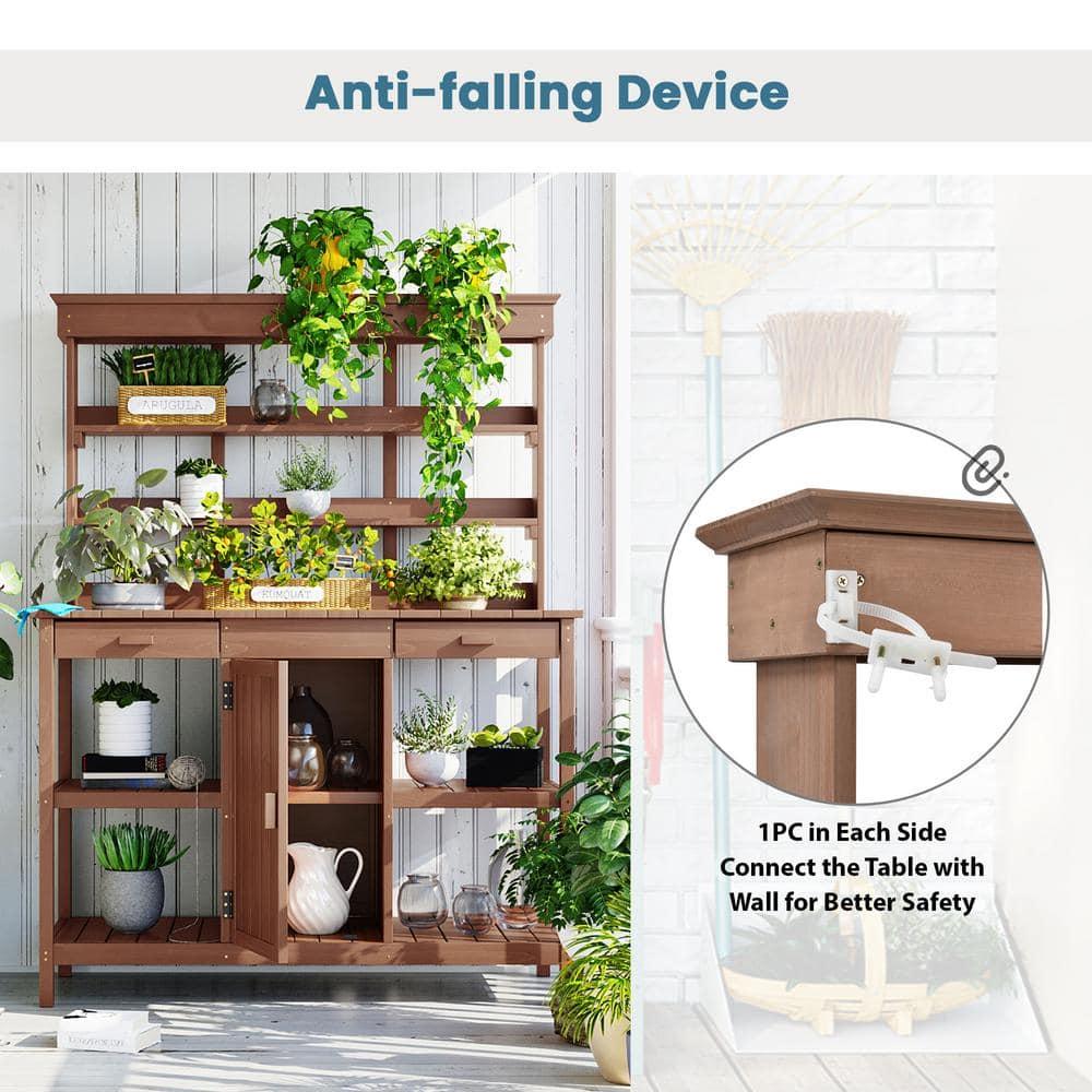 66 in. Brown Fir Wood Outdoor Potting Bench with Drawers