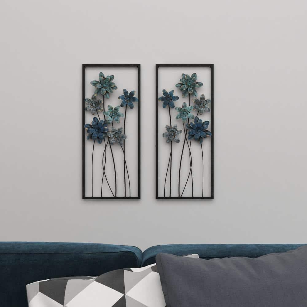 DecMode Gray Metal Floral Wall Decor with Black Frame (2 Count)