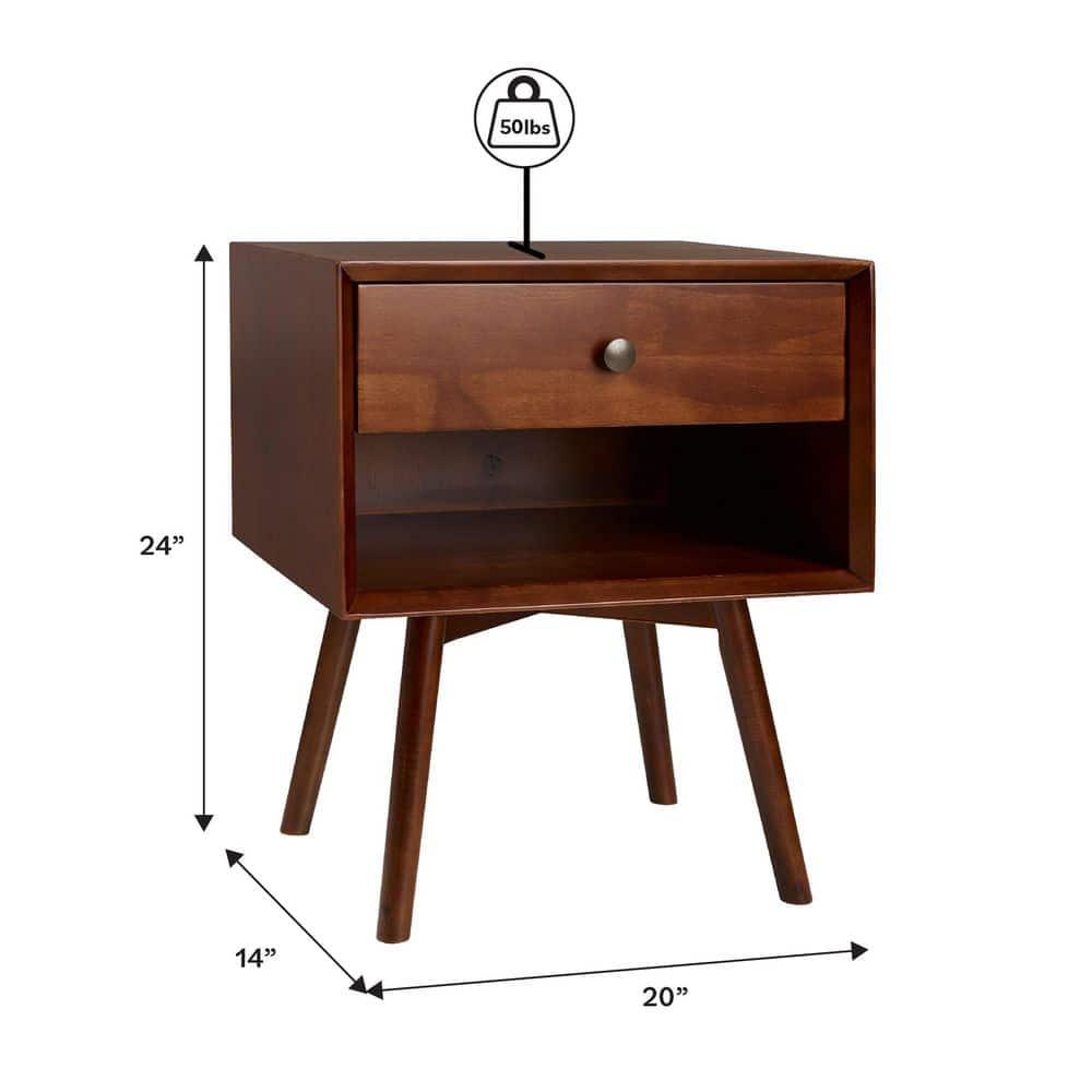 Mid-Century Modern Single-Drawer Solid Wood Nightstand - Walnut