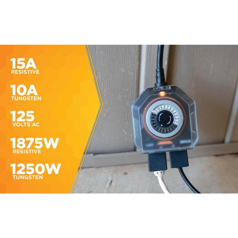 Woods 50123WD Black Outdoor 24-Hour Mechanical Timer with 2 Grounded Outlets