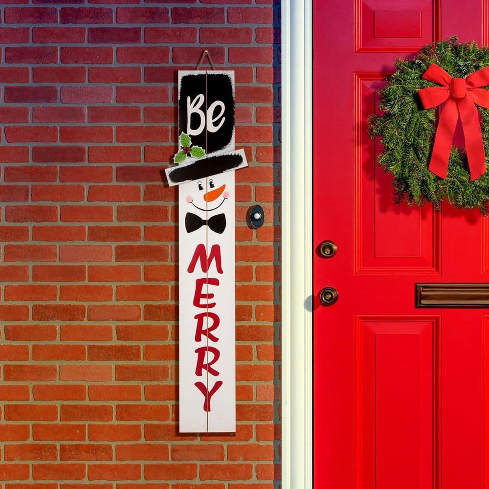 Glitzhome 42" H Wooden Welcome Sign Snowman Vertical Porch Sign Farmhouse Merry Hanging Signs Christmas Decorations for Front Door Wall Display