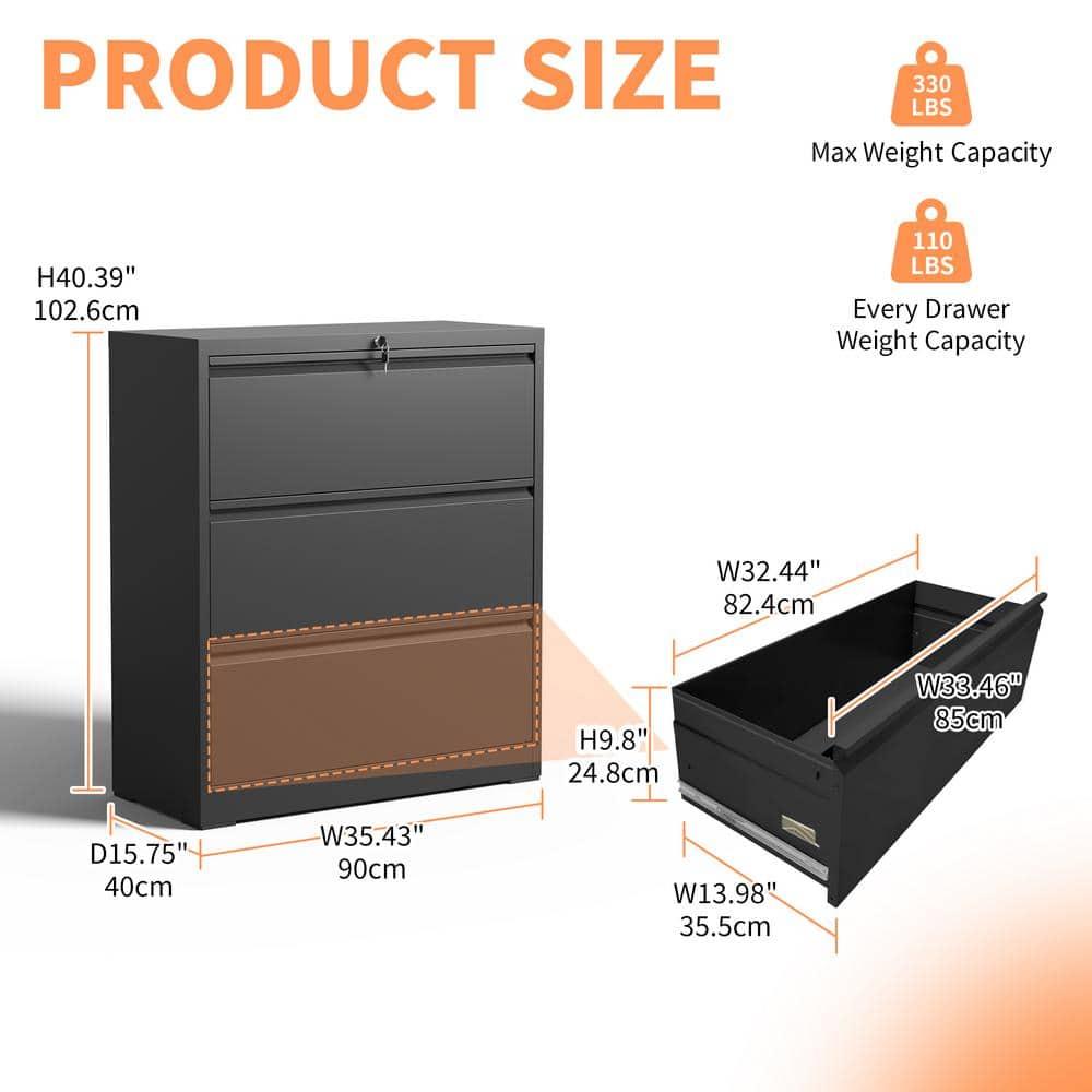 Black Metal 3-Drawer Lockable Lateral File Cabinet
