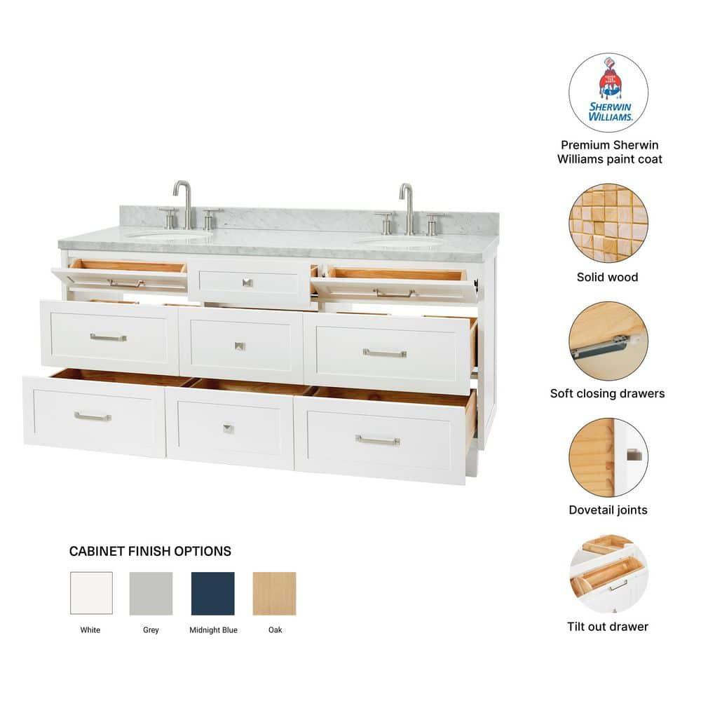 ARIEL Monrow 73 Double Sink Bathroom Vanity with Italian Carrara Marble Top
