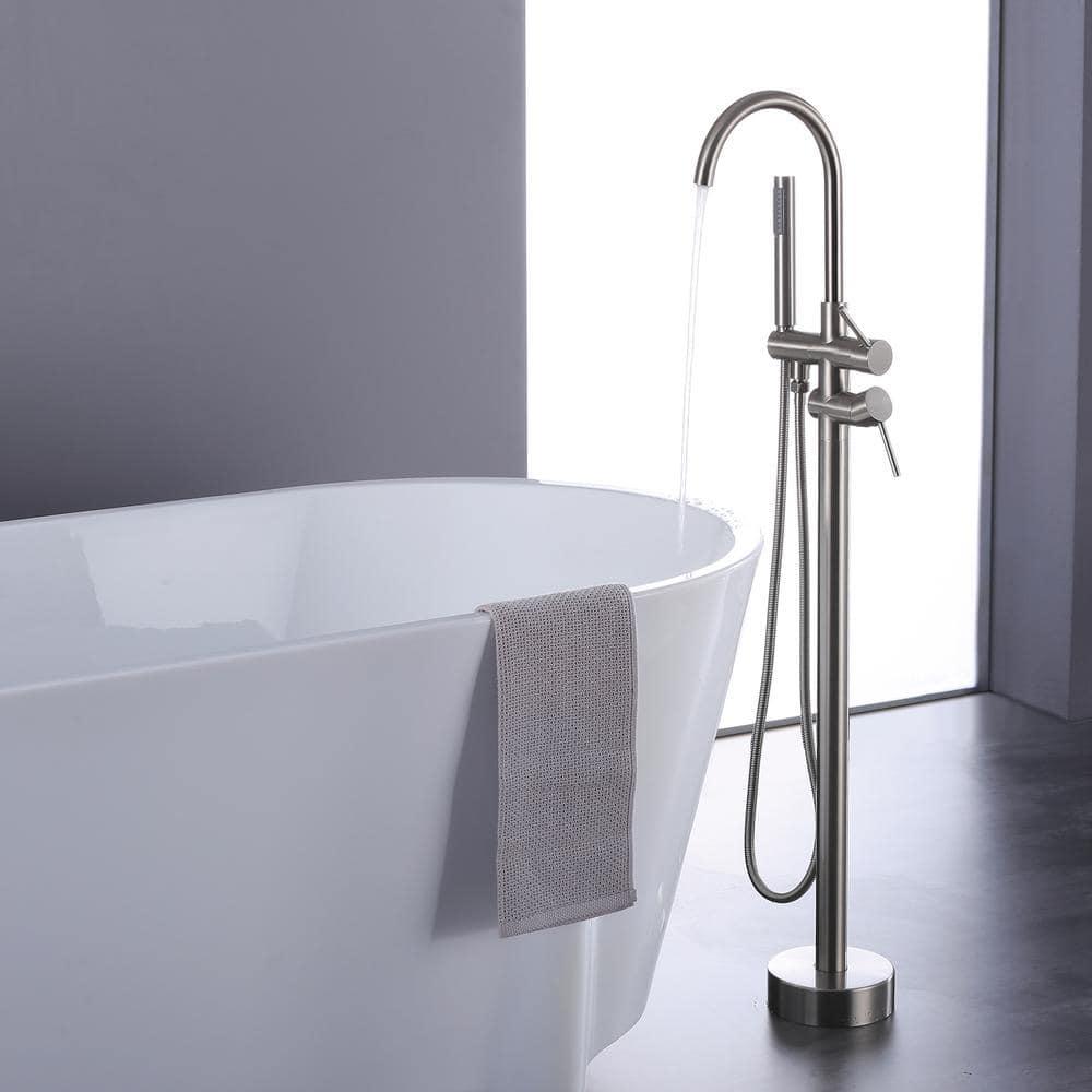 Double Handle Floor Mounted Freestanding Tub Filler With Handshower
