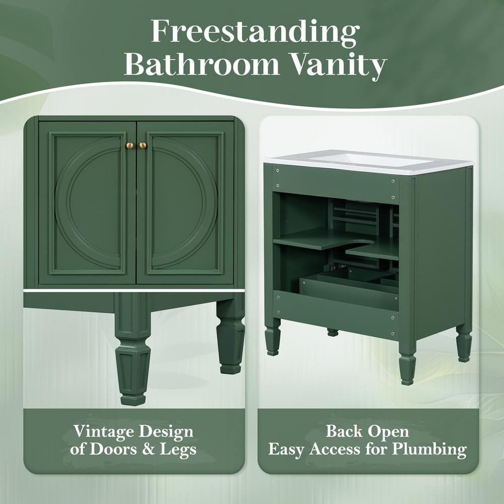 Christopher Knight Home Alison 30" Modern Rubberwood Bathroom Vanity with Ceramic Sink, Shelves and Drawer, Green