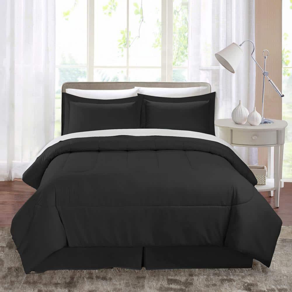 Swift Home | 8-Piece Ultra Soft Solid Bed-In-A-Bag Bedding Set Black Queen