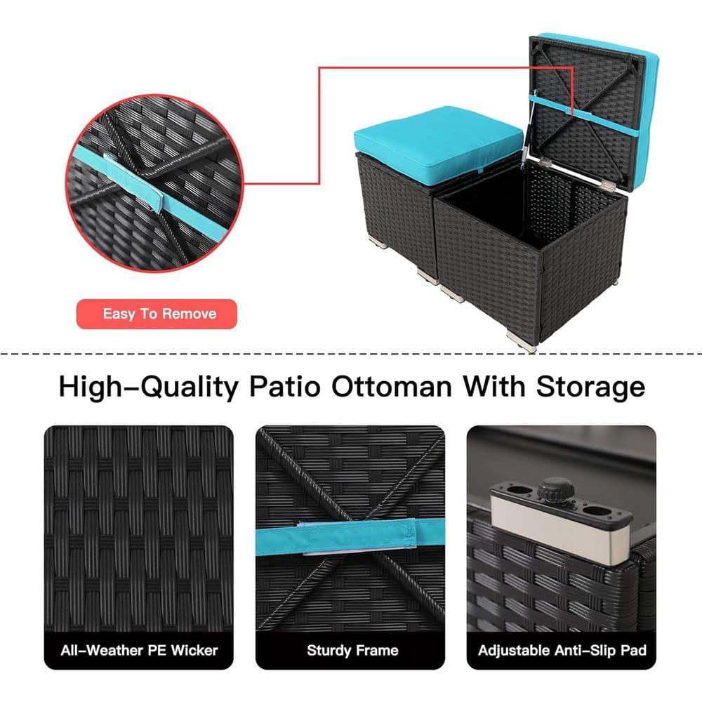 Costway 2PCS Patio Rattan Ottoman Cushioned Seat w/ Foot Rest Turquoise