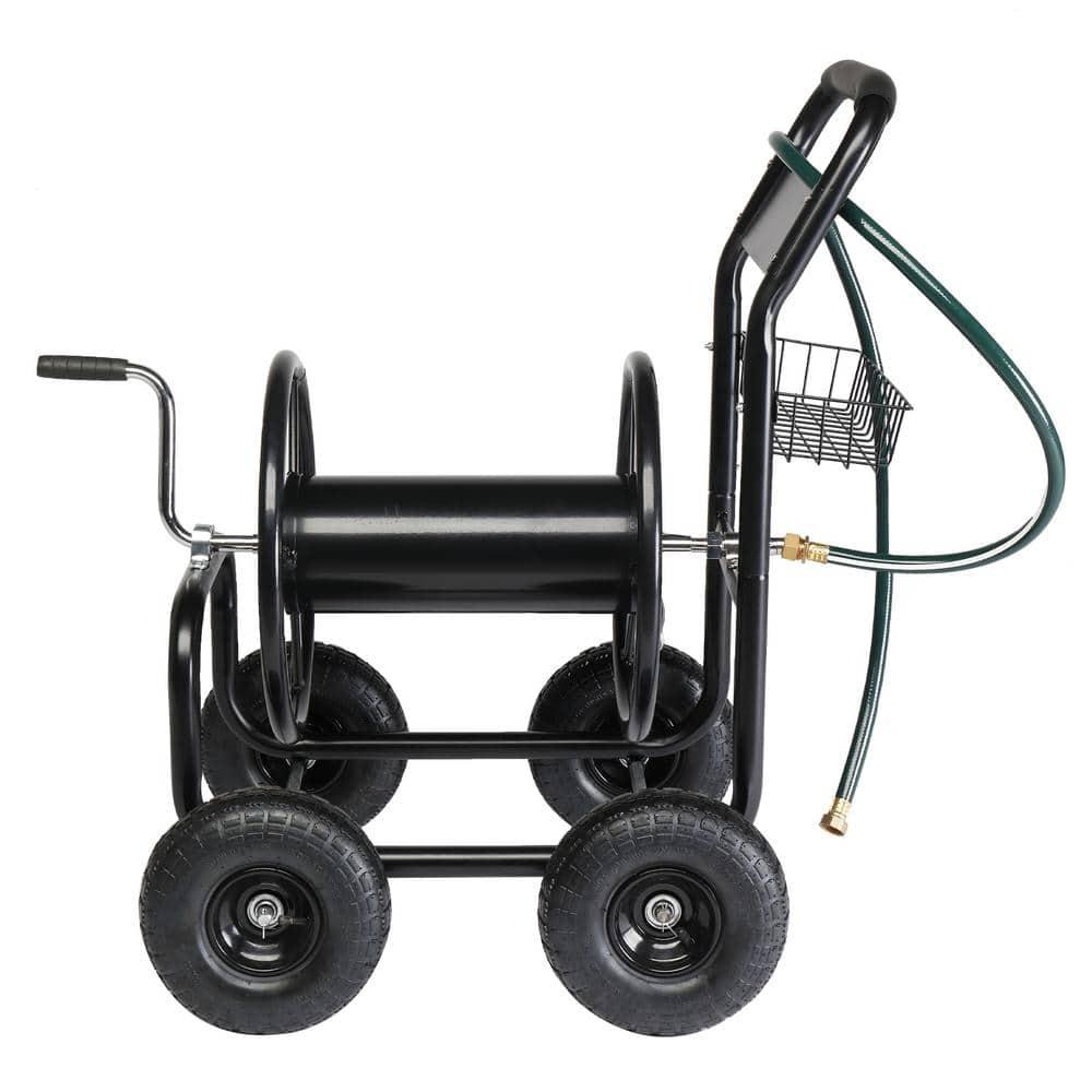 Garden Hose Reel Cart,Kepeak Water Hose Cart 4 Wheels, Hold 300-feet of 5/8-inch Hose, Heavy Duty Wheel Cart Powder Coat Finish & Basket, for Garden Yard Lawn Farm Watering, (Black)