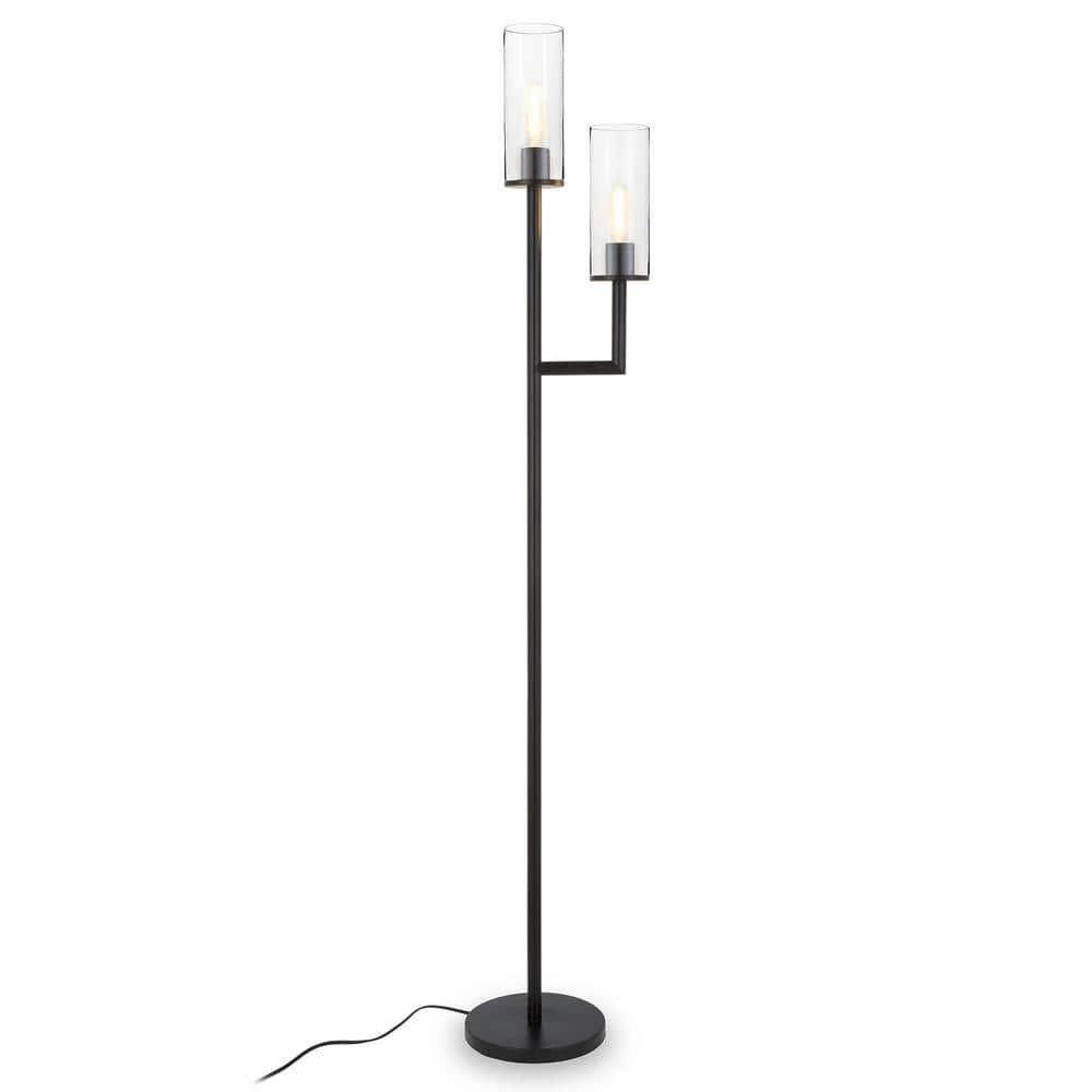 Evelyn&Zoe Traditional 2-Light Torchiere Floor Lamp with Clear Glass Shades