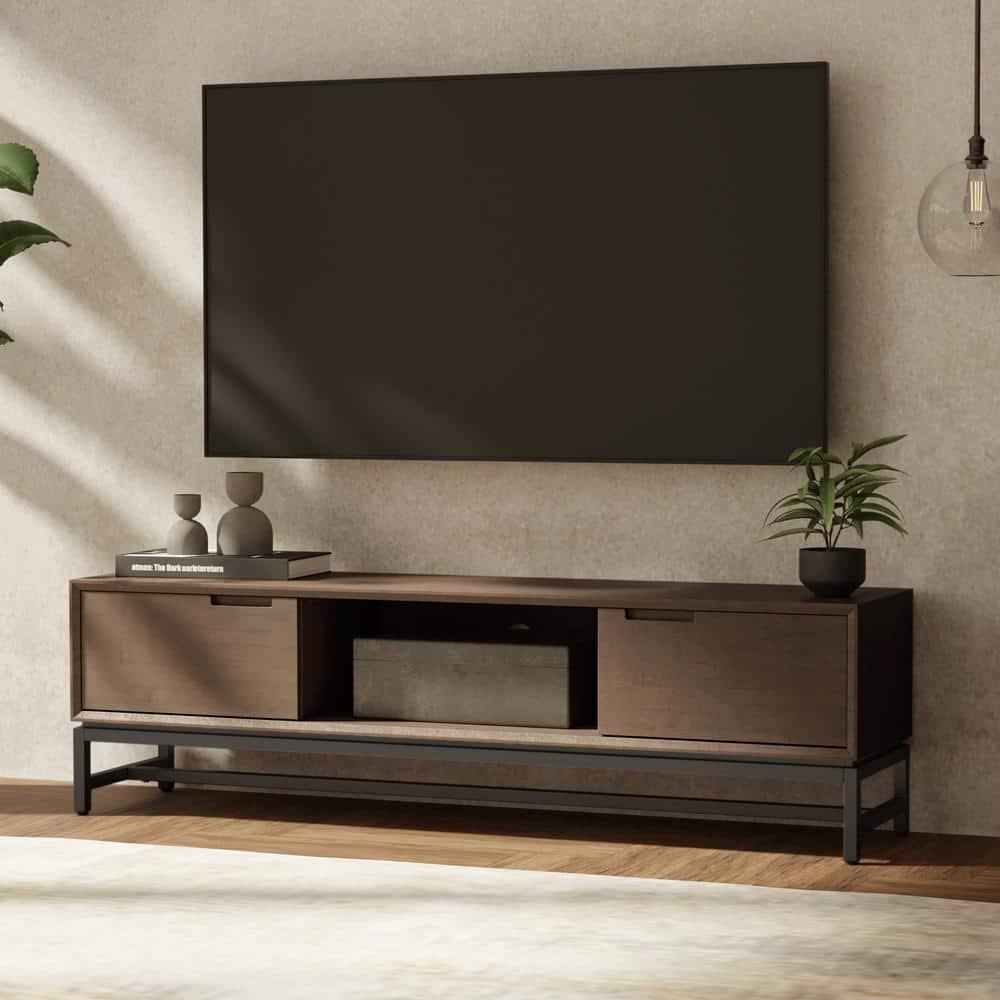 Simpli Home Banting 72"W Solid Hardwood Industrial Low TV Stand for TVs up to 80" with 2 Cabinets and Metal Base