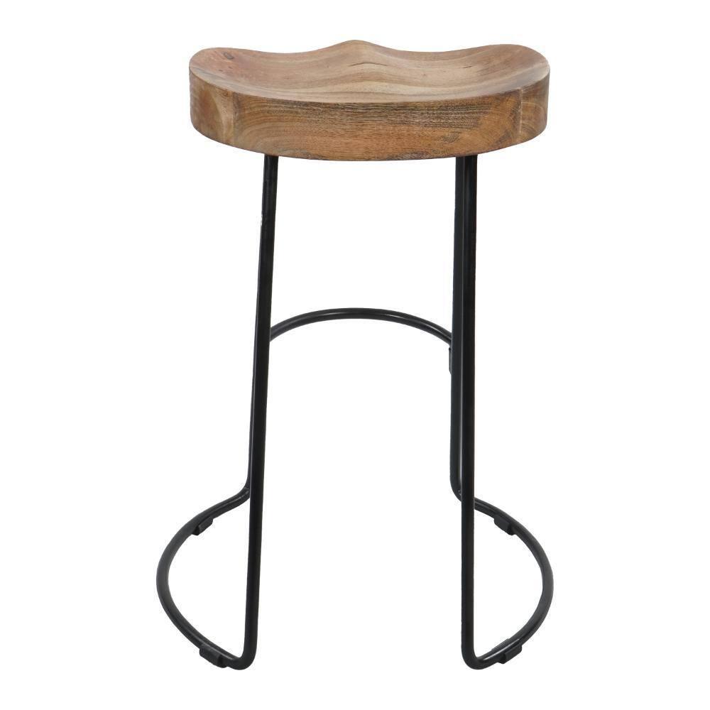 The Urban Port 24 Inch Mango Wood Industrial Counter Height Stool, Saddle Seat, Iron, Set of 2, Brown, Black