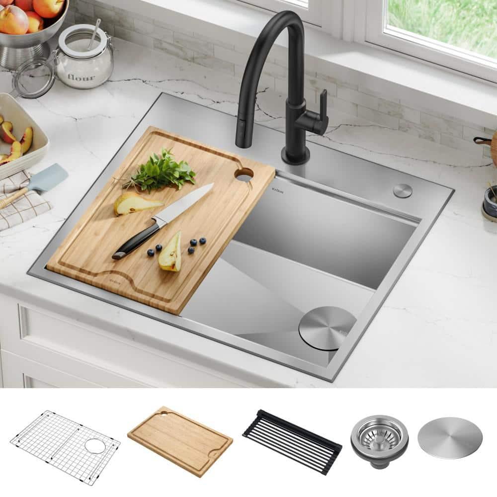 Kraus KWT311-25 KRAUS Kore™ Workstation 25-inch L Drop-In 16 Gauge Single Bowl Stainless Steel Kitchen Sink with Accessories