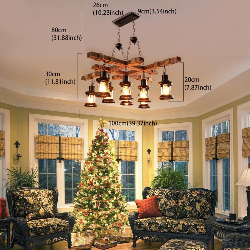Rongfun 8-Light Rustic Country Chandelier Wood Pendant Lamp Industrial Ceiling Fixture