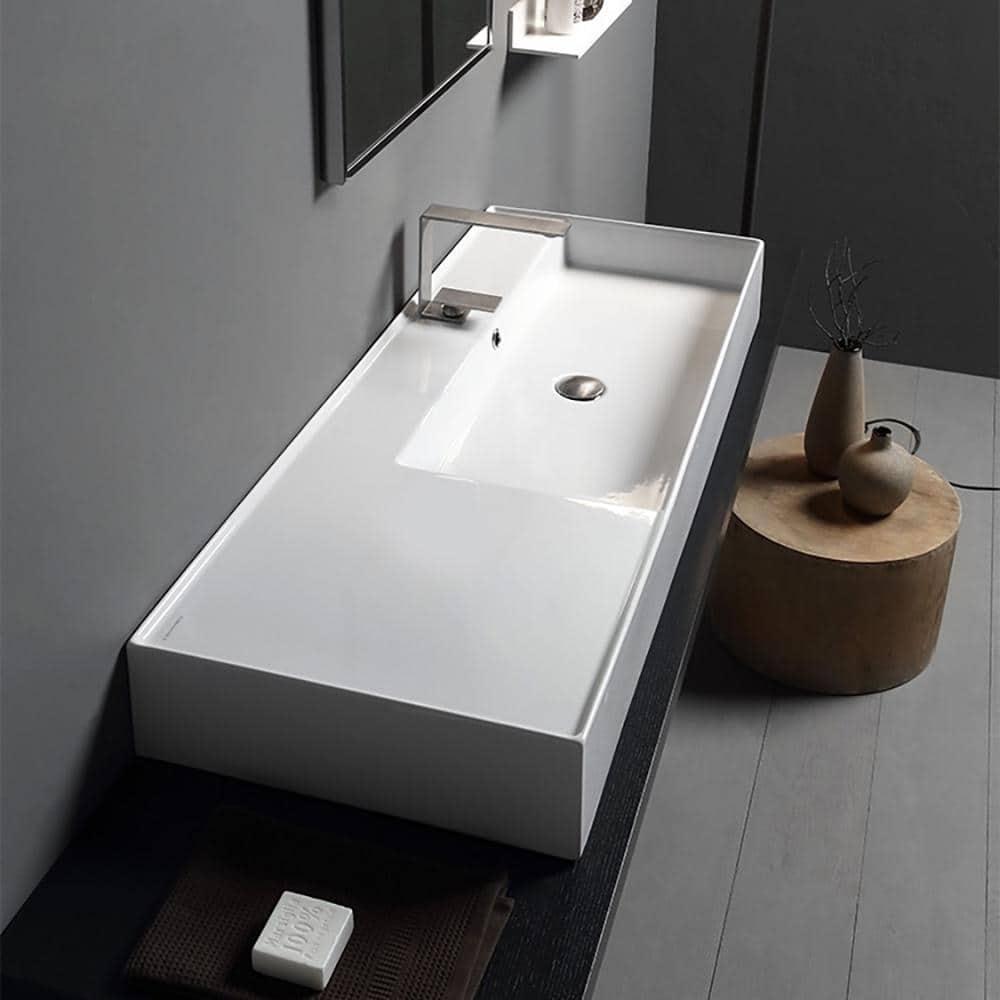 Scarabeo By Nameeks 18.1'' White Ceramic Rectangular Vessel, Wall Mount Bathroom Sink with Overflow
