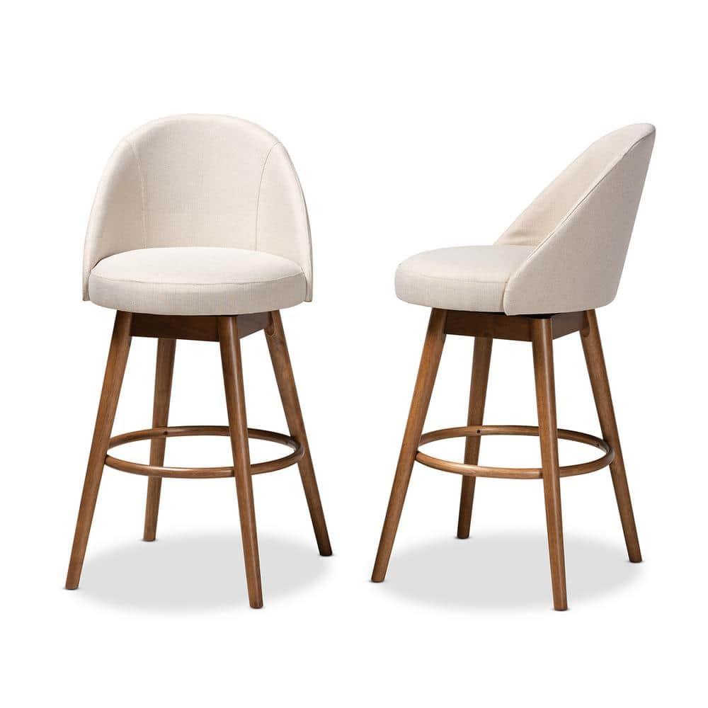Baxton Studio Carra Mid-Century Modern Light Beige Fabric Upholstered Walnut-Finished Wood Swivel Bar Stool Set of 2