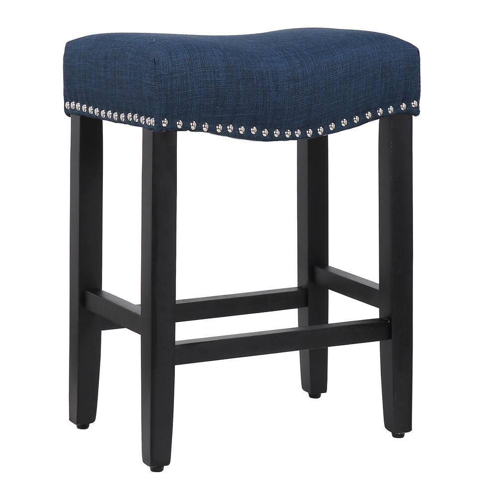 Westin Outdoor Yazan 24" Upholstered Bar Stool with Nail Head Trim (Set of 2), Black/Navy Blue