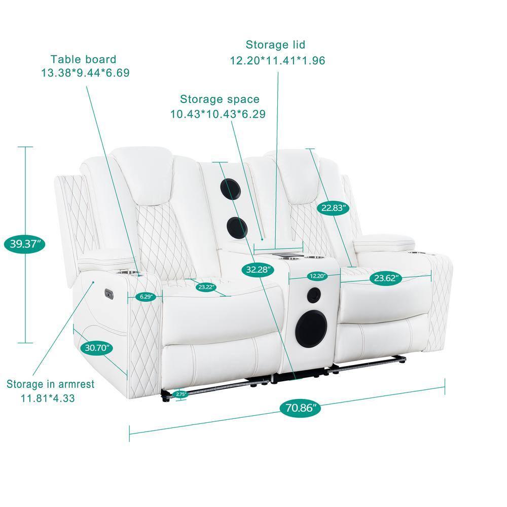 Home Theater Seating, Gaming Couch for Adults, Wireless Charging Movie Theater Couch, Power Recline Loveseat with 6 Cup Holders and Tray, Powerful in-Built Speaker, USB-Color:White,Fabric:Air Leather