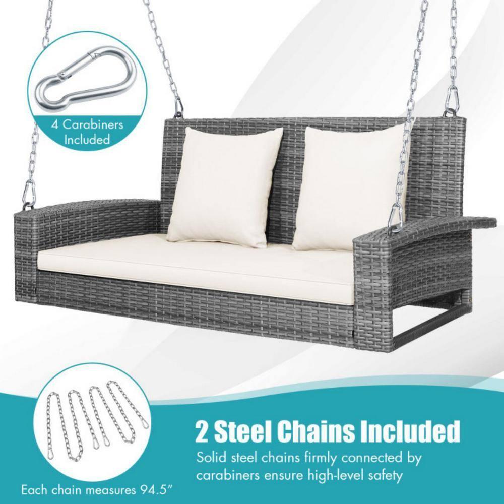 Kadyn Patio Swing Chair, Outdoor Swing Bench,2-Person Patio PE Wicker Hanging Porch Swing Bench Chair Cushion 800 Pounds-White