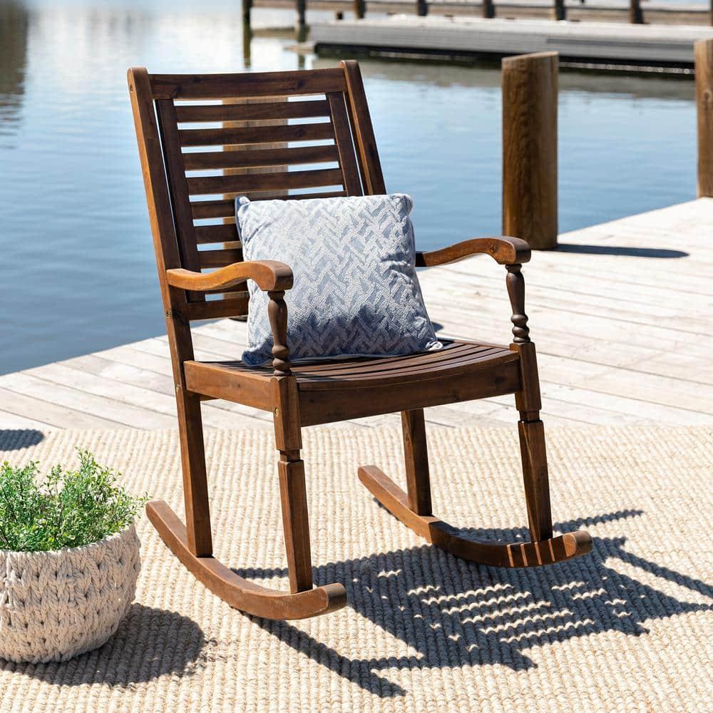 Walker Edison Solid Wood Outdoor Patio Rocking Chair, Dark Brown