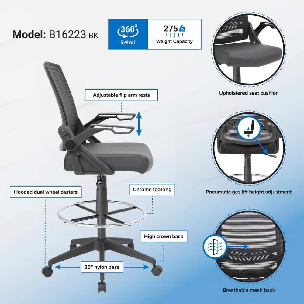 Boss Office Products Drafting Stool with Flip Arms Mesh Black: Adjustable for Tall Desks, Ergonomic Design, Nylon Frame