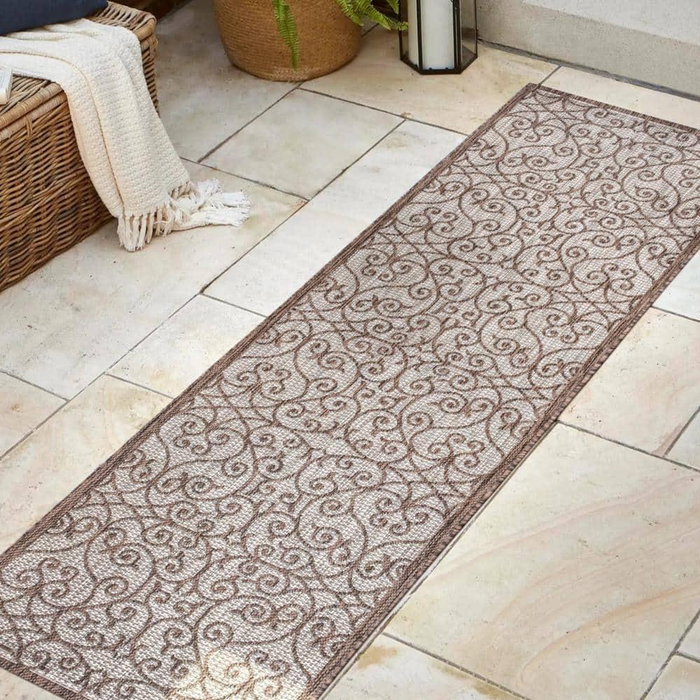 2'x8' Madrid Vintage Filigree Textured Weave Indoor/Outdoor Runner Rug, Taupe/Espresso - JONATHAN Y