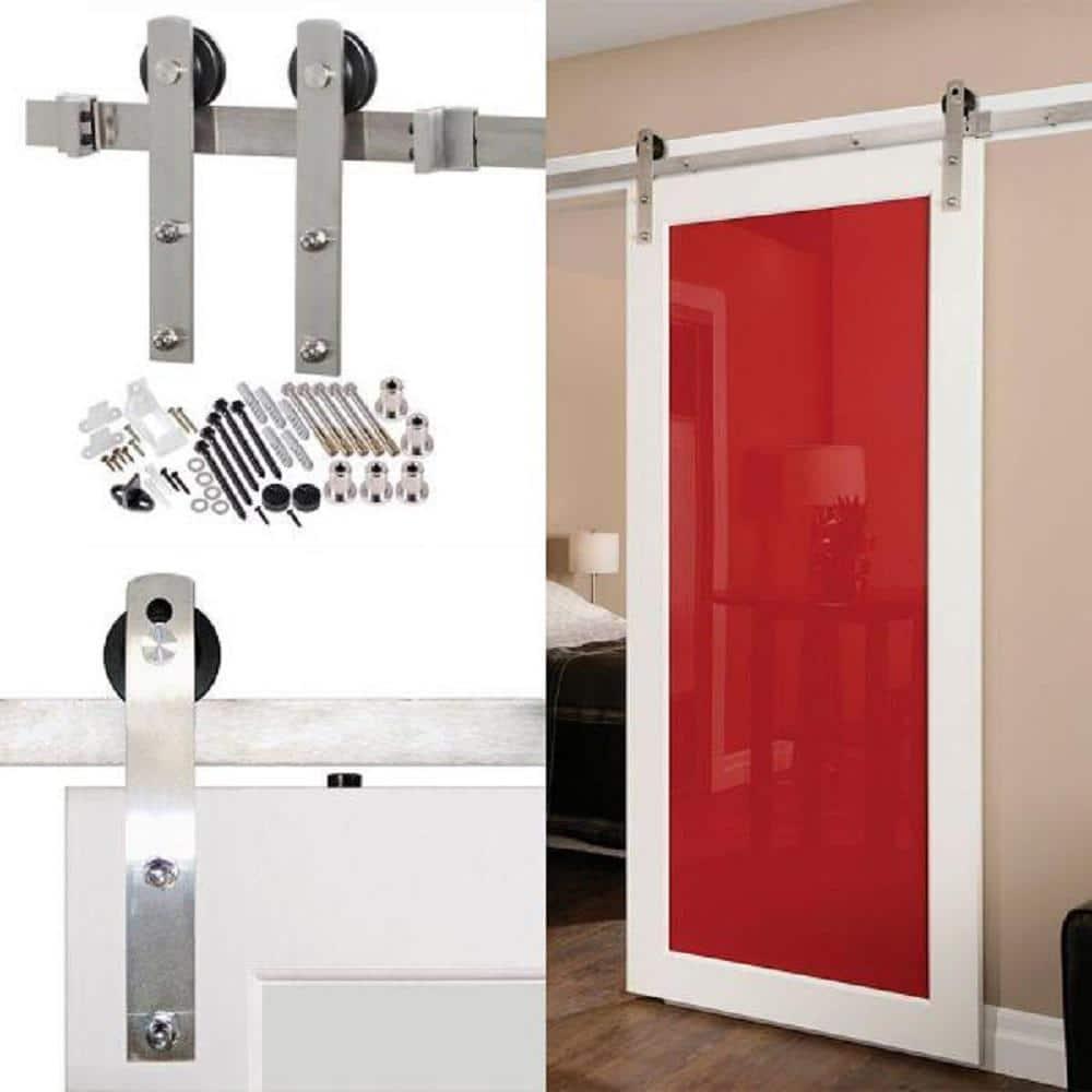 Expressions 96 in. Brushed Stainless Steel Bent Strap Sliding Barn Door Hardware and Track Kit