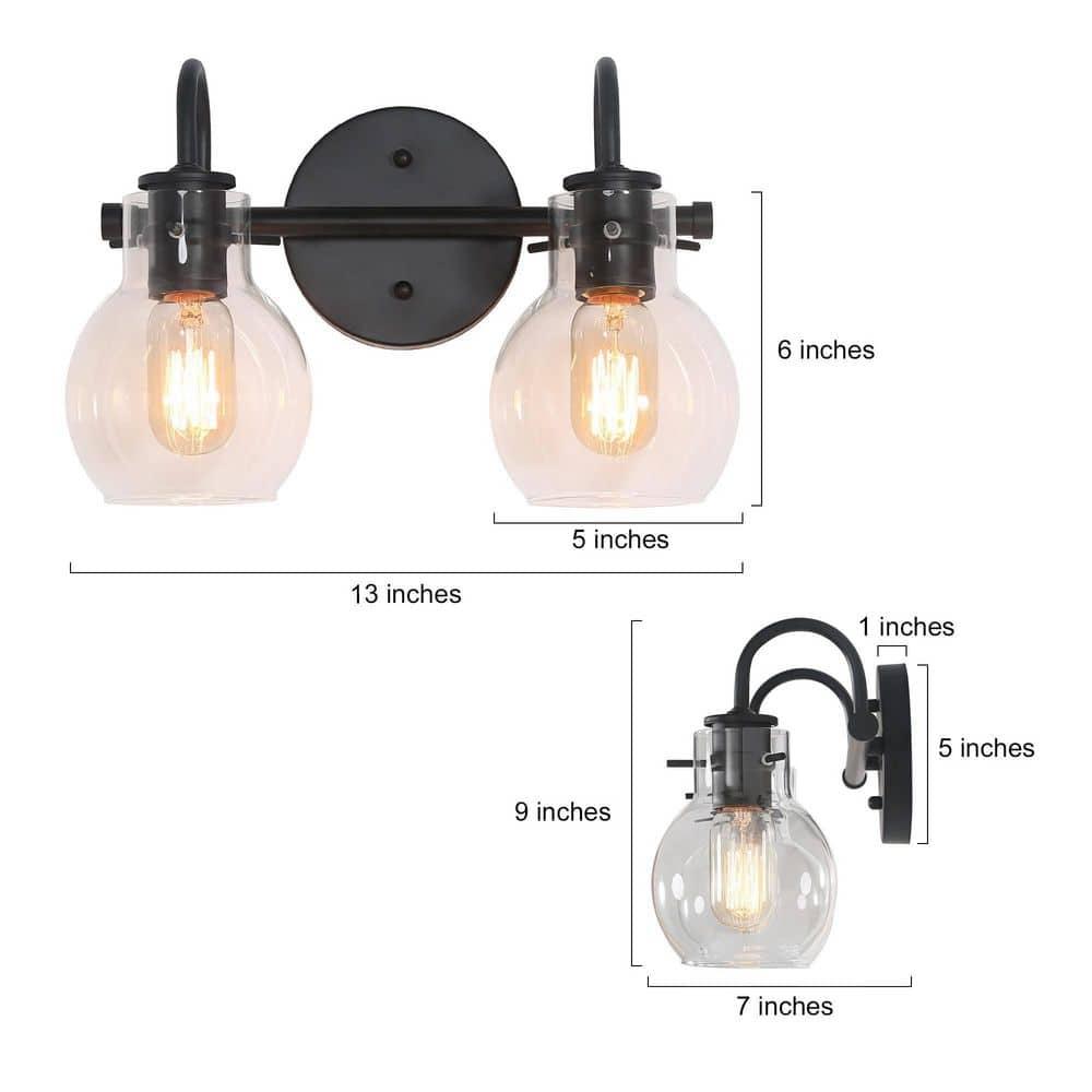 13" Black Metal Vanity Light with Clear Glass Globe Shades