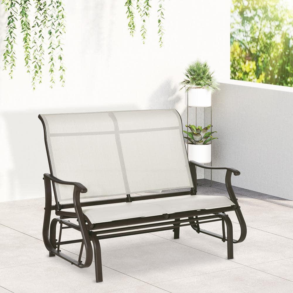 Outsunny 47" Outdoor Double Glider Bench for 2 Person, Patio Glider Armchair Swing Chair for Backyard with Mesh Seat and Backrest, Cream White