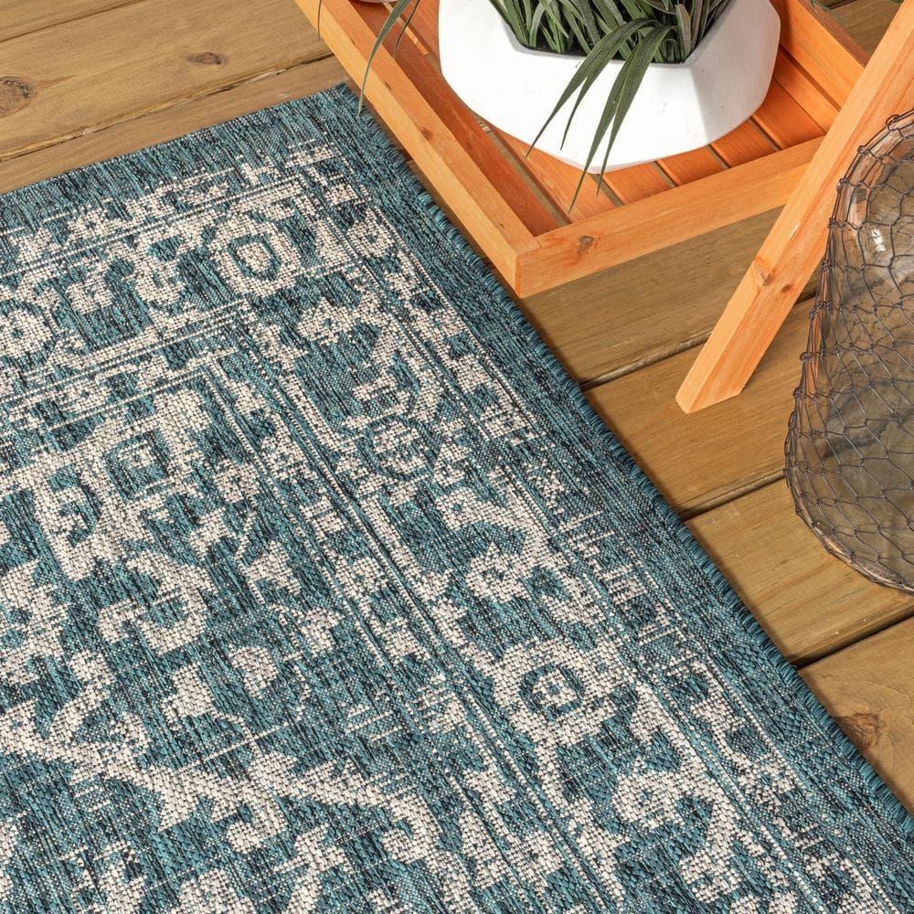 4'x6' Malta Bohemian Medallion Textured Weave Indoor/Outdoor Area Rug, Teal/Gray - JONATHAN Y