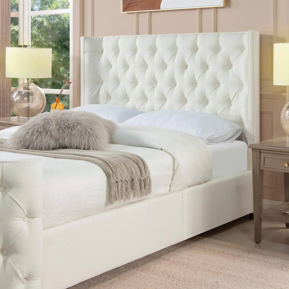 Jennifer Taylor Home Geneva Curved Wing Upholstered Platform Bed Frame, Queen, Antique White Polyester