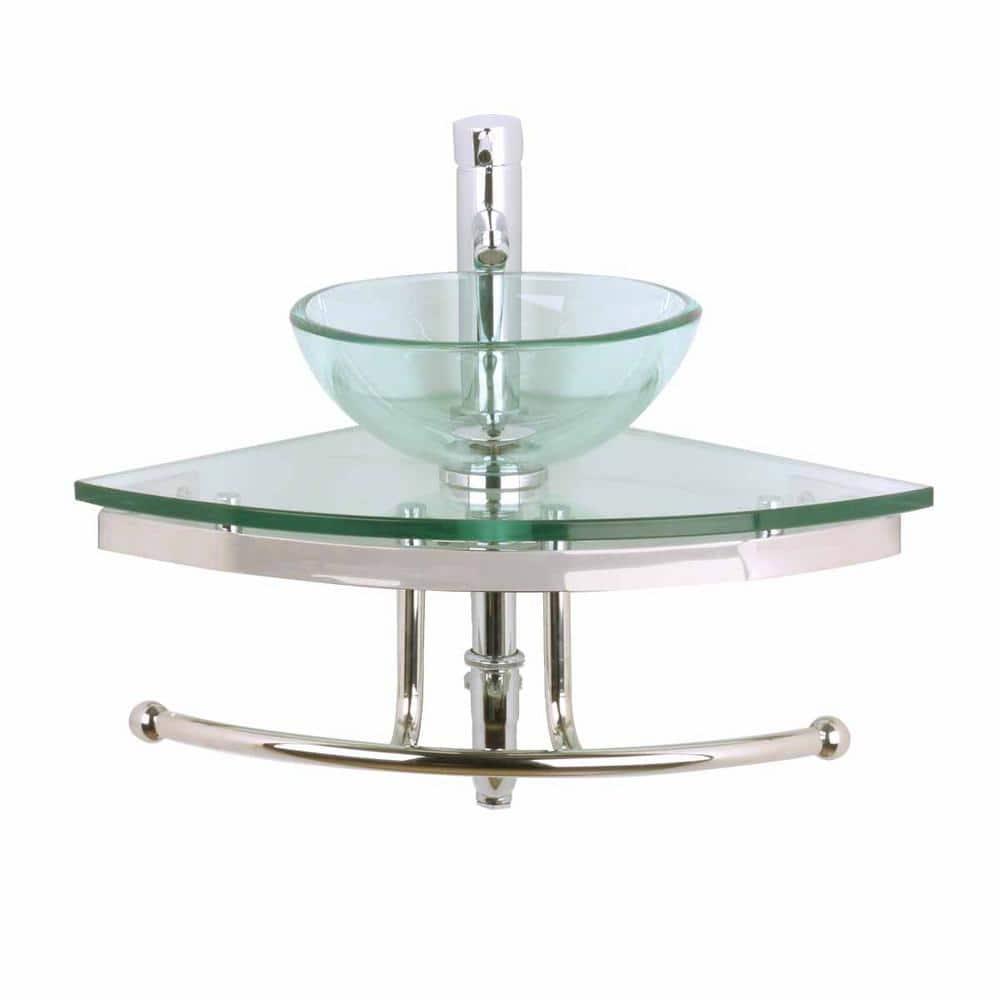 The Renovators Supply Inc. 10889 Round Corner Glass Wall Mount Bathroom Vessel Sink with Chrome Faucet Towel Bar